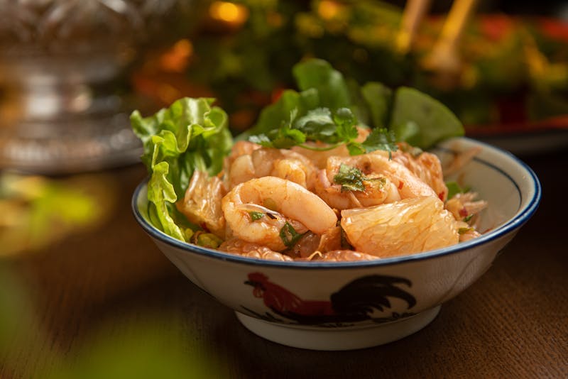 Tropical shrimp salad with mango and citrus dressing